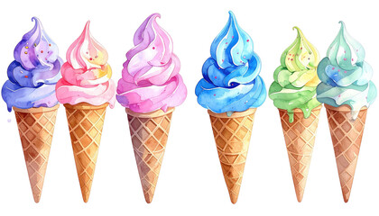 Six watercolor ice cream cones in pastel shades, adorned with sprinkles, stand in a row against a transparent background