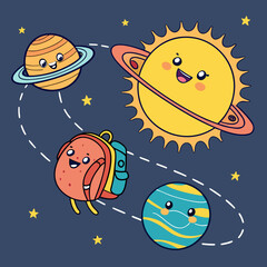 Cute cartoon backpack character exploring the solar system with smiling sun and planets