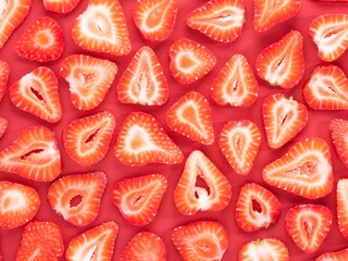 Fresh Strawberry Slices Pattern on Red Background