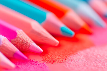 Color pencils on red background closeup bold artistic school drawing supplies