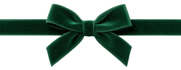 Isolate transparent with green velvet ribbon tied into a bow in horizontal layout ,green velvet ribbon tied into a bow with realistic texture, green velvet ribbon tied into a bow for PNG die-cut.