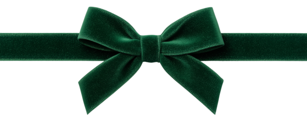 Isolate transparent with green velvet ribbon tied into a bow in horizontal layout ,green velvet ribbon tied into a bow with realistic texture, green velvet ribbon tied into a bow for PNG die-cut.