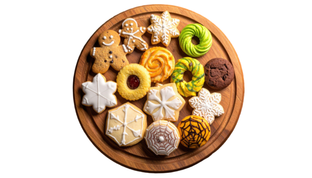 Variety of decorated cookies on wooden board, including gingerbread, flower, and round shapes