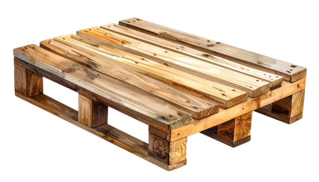 Elevated view of a rustic, wooden pallet against a plain black background showing light and shadows