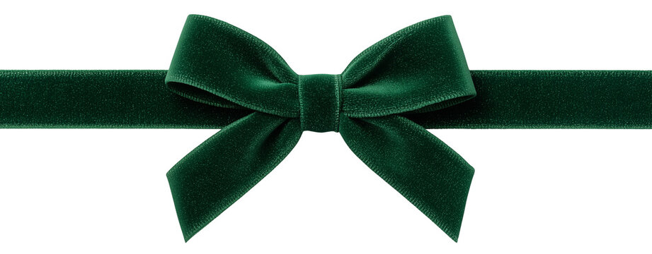 Isolate transparent with green velvet ribbon tied into a bow in horizontal layout ,green velvet ribbon tied into a bow with realistic texture, green velvet ribbon tied into a bow for PNG die-cut.