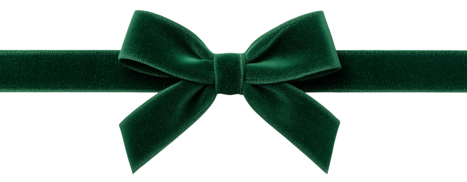Isolate transparent with green velvet ribbon tied into a bow in horizontal layout ,green velvet ribbon tied into a bow with realistic texture, green velvet ribbon tied into a bow for PNG die-cut.