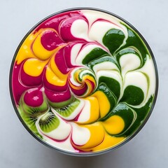Vibrant Swirl Smoothie Bowl with Fresh Fruit and Kiwi Slices.