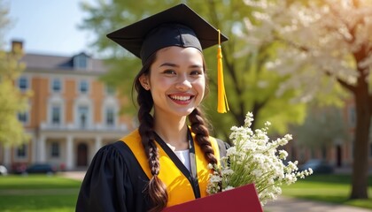 Happy graduate in cap gown holds flowers diploma at campus. Young woman celebrates degree achievement. Smiling girl enjoys convocation ceremony at university garden.