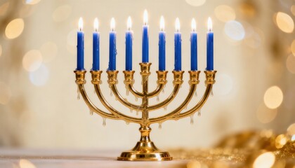 A golden Hanukkah menorah with nine lit blue candles. Jewish holiday celebration for the Festival of Lights with a warm bokeh background