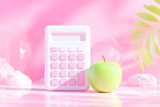 Math study desk with calculator stapler apple and school supplies on pink background - Powered by Adobe