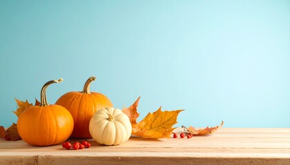 Autumnal Still Life with Pumpkins and Fall Foliage on Wooden Table.