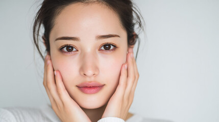 頬に手を当てる若い女性のスキンケアのイメージ（生成AI）