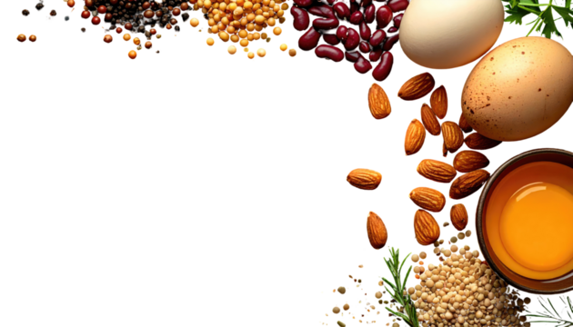 Assorted foods bordering a black background. Grains, nuts, beans and eggs create a natural frame on right and top