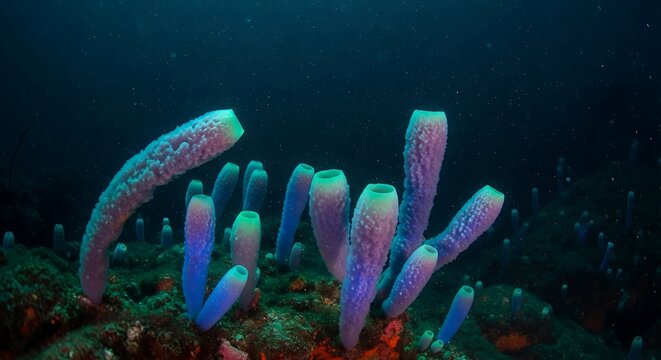 Underwater scene with vibrant purple tube sponges and coral reef.
