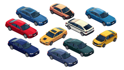 Collection of isometric cars in various colors, displayed on a solid black background