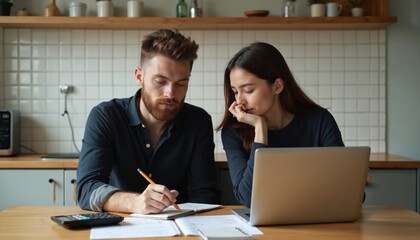 Couple sit at kitchen table with laptop and papers. Man writes on paper with pencil. Woman looks stressed. They review bills and expenses. Couple manages household finances with calculator.