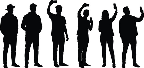 Silhouette, people, standing, row, group, smartphone, selfie, modern, lifestyle, urban, fashion, casual, diverse, youth, technology, communication, social, media, friends, posing