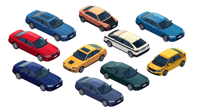 Collection of isometric cars in various colors, displayed on a solid black background