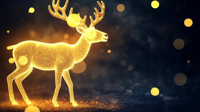 Glowing reindeer walking amidst sparkling lights in a magical winter scene