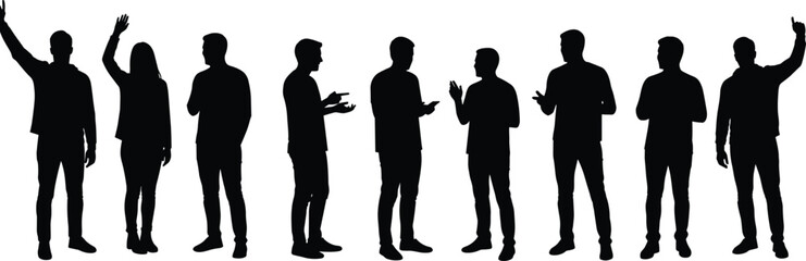 Silhouette people standing, human figures posing, group body language gestures, diverse communication postures, teamwork concept illustration, crowd outline design, business presentation