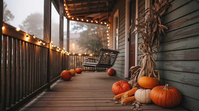 Cozy autumn porch decorated with pumpkins and twinkling lights creates a warm and inviting fall atmosphere