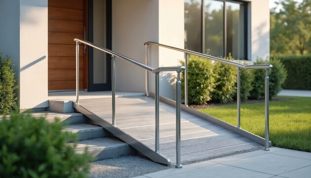 Modern house exterior features metal wheelchair ramp with handrails installed next to stairs. Smooth slope for easy access. Home modification for independence and safety.