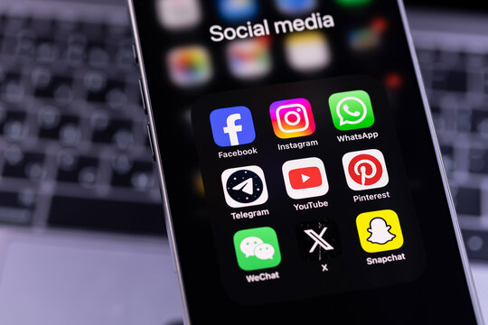 smartphone with mobile apps Facebook, Instagram, YouTube, WhatsApp, Telegram, Snapchat, TikTok, Twitter X, Pinterest. Most popular social media platform. Batumi, Georgia - September 5, 2025