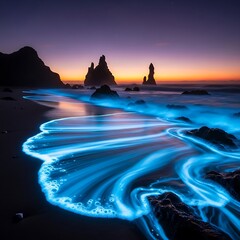Bioluminescent Waves on a Rocky Coastline at Twilight.