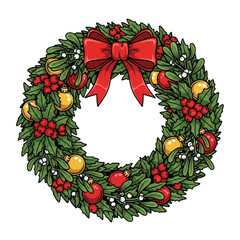 Christmas wreath vector graphic illustration with red bow holly berries and ornaments design element on transparent background