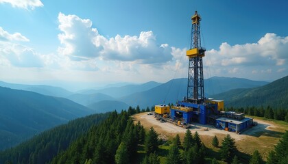 Large oil drilling rig works on a mountain top. Green forest covers valleys below. Bright blue sky with white clouds. This industrial site explores natural energy resources.