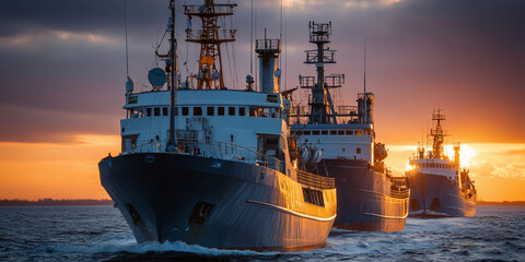 Fototapeta premium Maritime supply chain disruptions impacting global trade ocean vessels at sunset industrial environment wide angle view