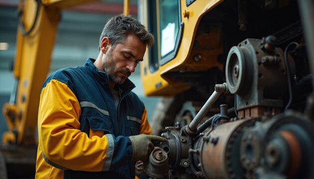 Focused worker repairs heavy machinery in industrial garage. Skilled mechanic inspects engine components with precision tools. Intense concentration on complex mechanical work inside construction
