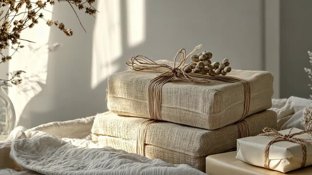 gift boxes wrapped in natural materials, minimalist holiday decor, cozy and warm, sustainable wrapping, festive atmosphere, thoughtful and simple, soft light