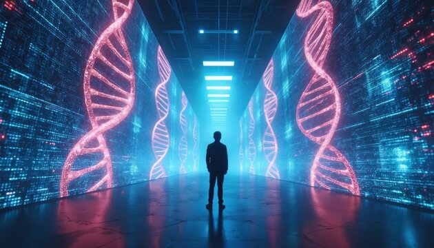 Man stands in futuristic laboratory with holographic screens. Glowing pink DNA helices on blue digital walls. Scientist explores genetic engineering, personalized medicine in modern bioinformatics