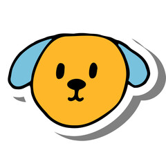 Simple cartoonish illustration of a golden yellow dog face with light blue ears and black eyes and nose on a white background with a soft gray shadow.