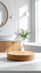 Wooden platform on a white surface in a bathroom