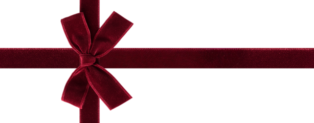 Isolate transparent with red velvet ribbon tied into a bow in horizontal layout ,red velvet ribbon tied into a bow with realistic texture, red velvet ribbon tied into a bow for PNG die-cut for ad.