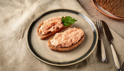 Delicious Homemade Rillettes A French Dish Served With Two Toasts Of Salmon Rillettes On Rye Bread Arranged On A Plate Over A Beige Linen Tablecloth Enjoy The Rich Flavor Of Rillettes