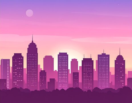 Abstract cityscape silhouette at dawn with purple and pink gradient sky, minimalist style