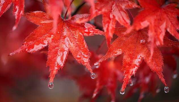 Red Maple Leaves Raindrops Abstract Autumn Red Background - Powered by Adobe