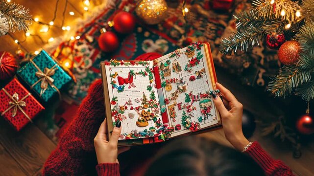 Medium shot of a person decorating their planner with holiday-themed stickers, surrounded by holiday decorations like tinsel and lights.