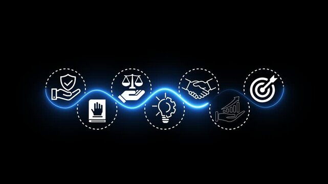 Corporate ethics idea on the black background. Interacts with a corporate ethics, honesty, respect, and ethics. The foundation of a strong corporate code of conduct. 4k video animation.