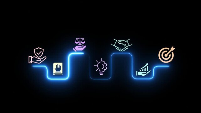 Corporate ethics idea on the black background. Interacts with a corporate ethics, honesty, respect, and ethics. The foundation of a strong corporate code of conduct. 4k video animation.