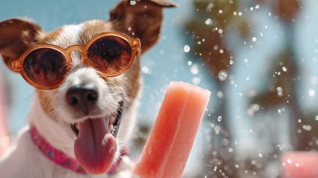 Dog enjoys a cold treat in stylish sunglasses at a sunny poolside - Powered by Adobe