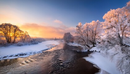 Naklejka premium Frost Covered Trees Line A Gently Flowing River As The Sun Sets Casting Warm Colors Over The Snowy Terrain A Serene Winter Scene Unfolds In This Peaceful Nature Setting