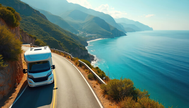 White campervan travels on winding road along blue ocean cliffside. Green mountains rise in background. Sunny summer day perfect for road trip exploration. - Powered by Adobe