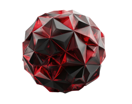 A complex, faceted ruby-red spherical object floats against a black background, catching highlights and shadows