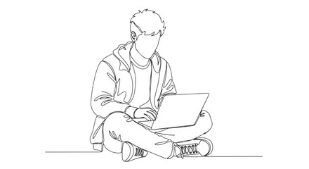 One continuous line illustration of a man using a laptop, a study in a single line, 1