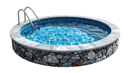 Round pool with stone border.  Blue tile lines the inside, filled with shimmering water. Metallic ladder on the side