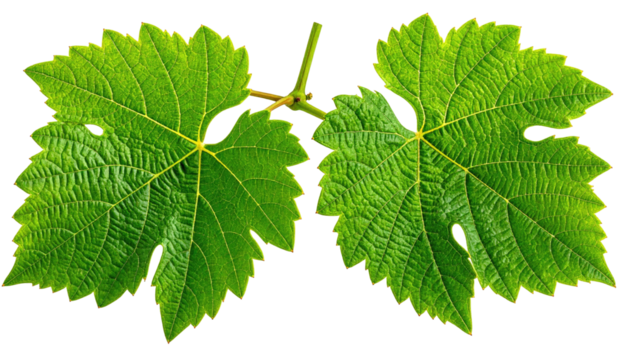 Two vibrant green vine leaves symmetrically arranged with intricate vein details against a stark black background
